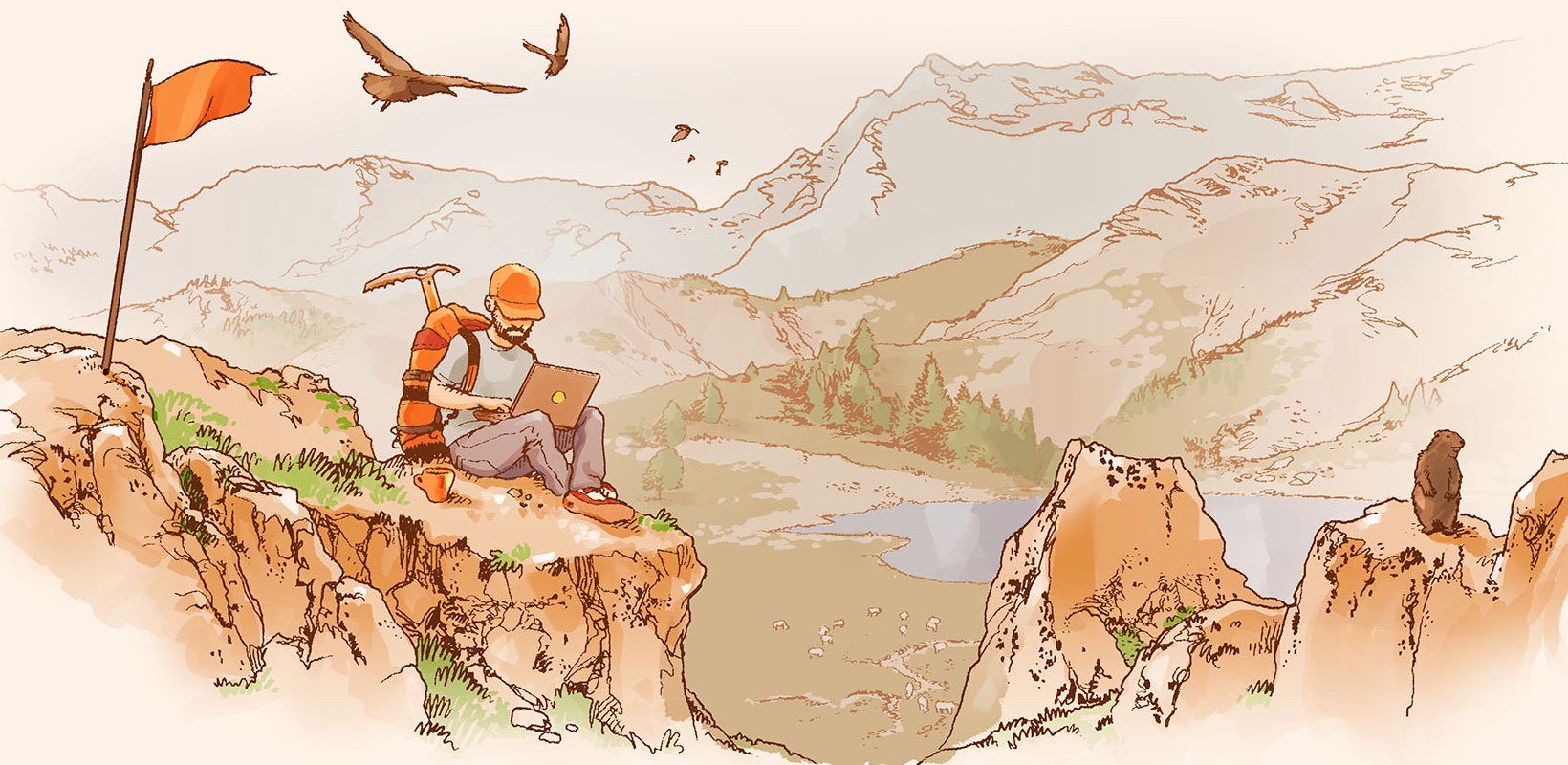 Un développeur assis au sommet d'une falaise, travaillant sur son ordinateur portable, face à un paysage de montagnes.